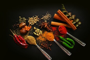 spices and herbs, Top view of Indian traditional whole spices in black background, garam masala