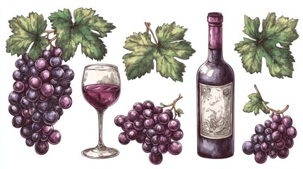 Isolated vintage cartoon illustration of ripe grapes a wine bottle and a wine glass on a white background