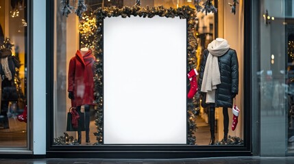 A large, blank storefront sign sits in a window display, decorated with garlands of evergreen branches, twinkling lights, and red stockings. Mannequins are dressed in winter coats and accessories.