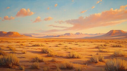 Oil painting depicting a sandy desert landscape at sunset featuring warm hues and vast open spaces