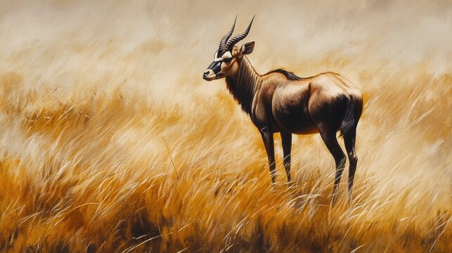 Oil painting of a Topi Damaliscus korrigum solitary mammal in a grassy habitat