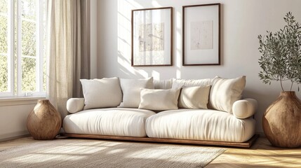 Fototapeta premium Scandinavian inspired living room design featuring a sofa vases on wooden flooring and framed art on a spacious wall complemented by a bright window with curtains 3D illustration