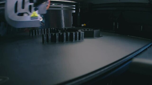 Timelapse video of 3D printing on the "Creality" printer of parts made of dark PLA plastic.