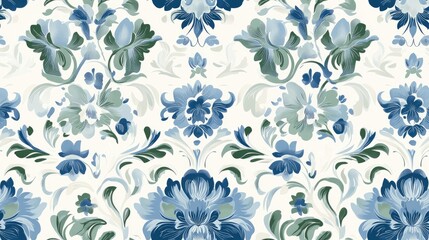 Fototapeta premium Seamless Damask floral background pattern in neutral blue and green tones
