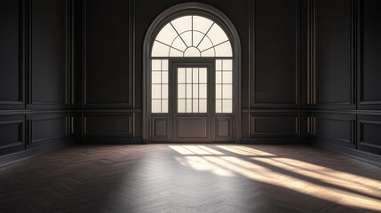 3D rendering of a dark studio interior showcasing hardwood flooring an empty hall featuring an arch door and a panoramic window