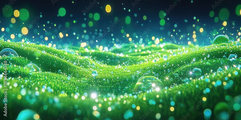 Wall mural dew droplets glisten on fresh green grass, dew droplets shine on vibrant green grass