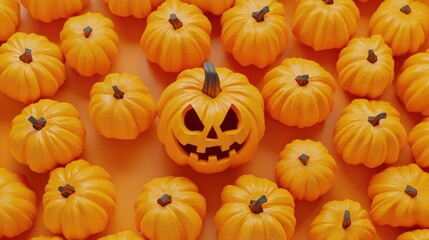 Flat lay of Halloween pumpkins featuring a single Jack o lantern with a scary carved face 3D illustration