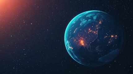 Fototapeta premium 3D cartoon illustration of Planet Earth at night in deep black space highlighting continents