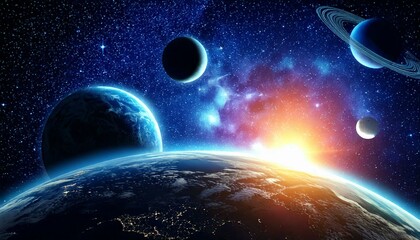 Obraz premium Weltraum Planeten Sonnenlicht Effekt Nacht Dunkel Weltall aufnahmen Breitbild