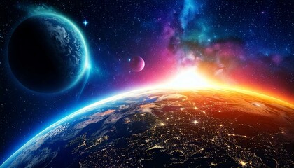 Fototapeta premium Weltraum Planeten Sonnenlicht Effekt Nacht Dunkel Weltall aufnahmen Breitbild