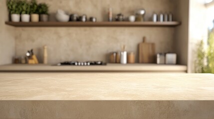 3D rendering of a stone countertop with a blurred beige kitchen interior in the background featuring a sink stove and kitchenware providing mockup space for product display