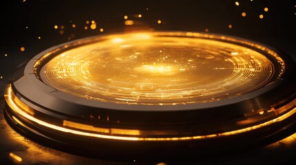 Obraz premium Round teleport podium with a light gold swirl featuring sci fi digital high tech elements in a glowing HUD projector resembling a magical gate in a fantasy game with AI themes