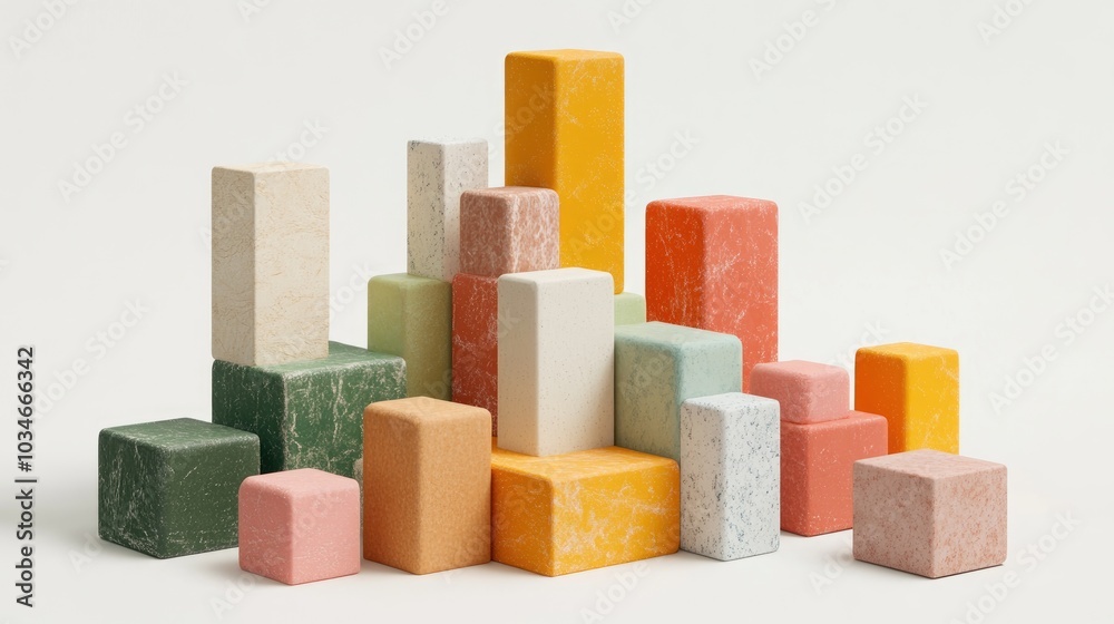 Poster 3d rendering of variously colored block bricks assembled in different sizes