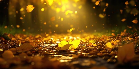 Naklejka premium Autumn foliage Vibrant yellow leaves scattered on the ground Softly blurred background, Autumn leaves covering the ground with a soft blurred backdrop