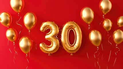 30th anniversary celebration 2D cartoon illustration featuring shiny gold foil number 30 and metallic balloons on a vibrant red background Cheerful design for milestone greetings