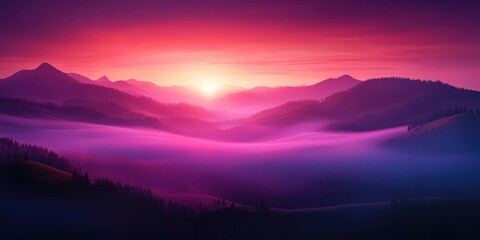 Obraz premium A temperature inversion in a valley viewed from a ridge at sunrise, showcasing the beauty of rolling hills and misty landscapes, Misty valley sunrise over rolling hills