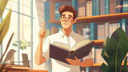 Online education concept featuring a young man as a teacher holding an open book and raising a finger to convey knowledge Cartoon illustration of distance learning and virtual library access