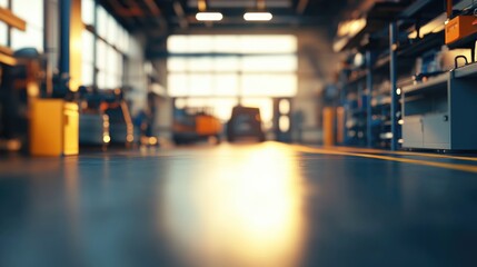 Fototapeta premium 3D rendering of an abstract blurred automobile service center interior showcasing a soft defocused mechanic repair workshop and a blurry car care station background