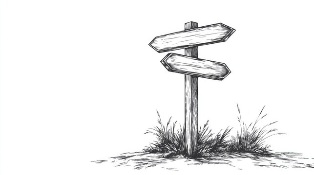 Isolated road direction sign arrows on a white background Continuous line art depicting a fingerpost signpost indicating travel directions