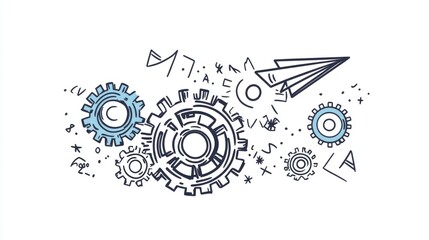 Line art illustration of abstract metal gear wheels accompanied by a paper plane set against a white background