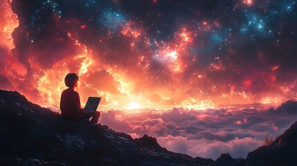 Obraz premium person sits in front of laptop learning to code with surreal cosmic landscape in the background symbolizing limitless possibilities in the digital world
