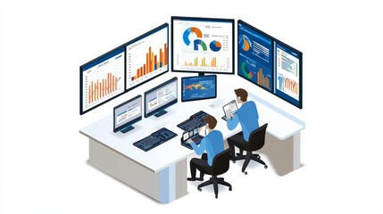 A modern data analysis workspace featuring two professionals monitoring multiple digital displays filled with graphs and charts.