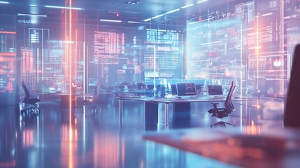 Futuristic digital office environment with glowing screens and advanced technology.