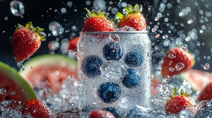 Soft-drink can 330ml floating, strawberries and watermelon in the air