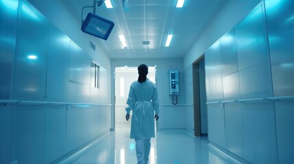 Sterile Hospital Corridor: Medical Professional Walking Towards a Bright Future
