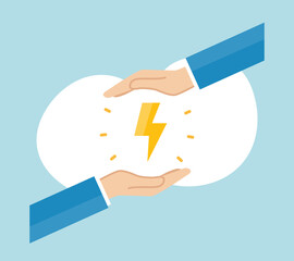 スーツの男性の手で稲妻（電気のアイコン）を包んだフラットなベクターイラスト画像	
