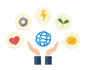 スーツの男性の手のひらに地球のような球体を乗せたフラットなベクターイラスト画像、ハート、産業、電力、環境、経済、マネー