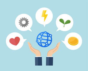 スーツの男性の手のひらに地球のような球体を乗せたフラットなベクターイラスト画像、ハート、産業、電力、環境、経済、マネー