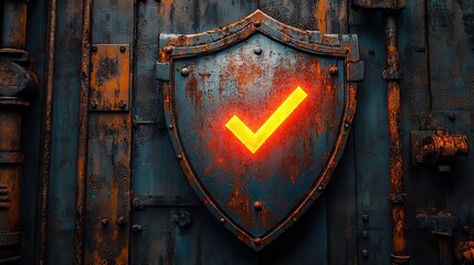 Naklejka premium rusty shield symbolizing the rust programming language adorned with digital glowing checkmark representing security and reliability in coding