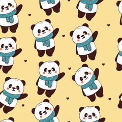 seamless pattern cartoon wearing blue scarf in winter day. cute wallpaper for fabric print, gift wrap paper