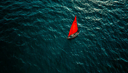 Aerial view of a sailboat sailing in the blue sea.