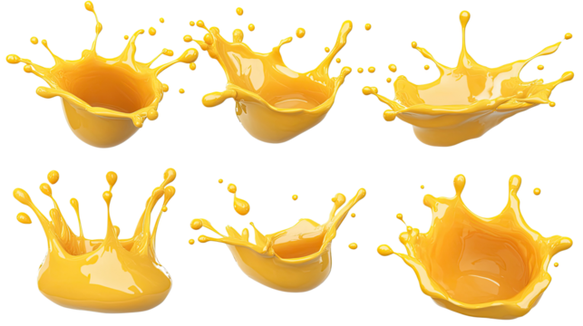 Yellow Liquid Splashes Mid-Air on Clear Background Generative AI