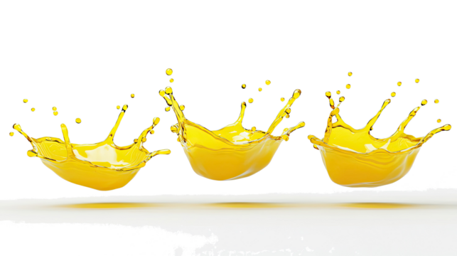 Dynamic Yellow Liquid Splashes Captured in Mid-Air on Clear Background Generative AI