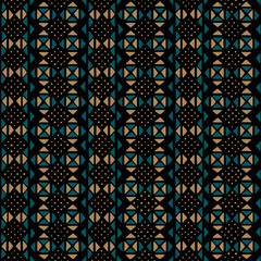 blue and brown hand drawn triangles, dots. black repetitive background. vector seamless pattern. traditional ethnic motifs. folk decorative art. fabric swatch. wrapping paper. textile design template