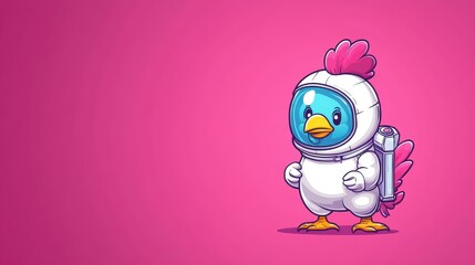 A charming rooster in a space suit, radiating joy, stands out against a soft pink background, delighting all who see it.