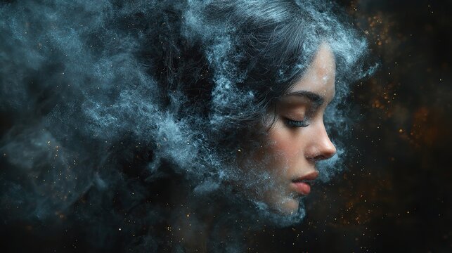 serene woman with dissolving head symbolizes mindfulness and cognitive transformation in cbt