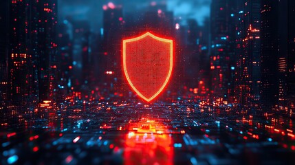 shield symbolizing protection is centered between cityscape and digital elements representing urban defense and critical infrastructure protection.image