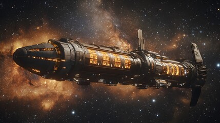 Fototapeta premium space station, futuristic habitat in fron tof the Milky Way galaxy. 