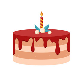 Birthday cake with candle. Cake with glazed icing. Pastry and bakery. Birthday party eating. Dessert and delicacy. Poster or banner. Flat vector illustration isolated on white background