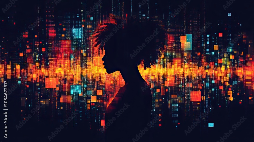 Poster silhouette of person at computer surrounded by abstract shapes and vibrant colors symbolizes the dyn