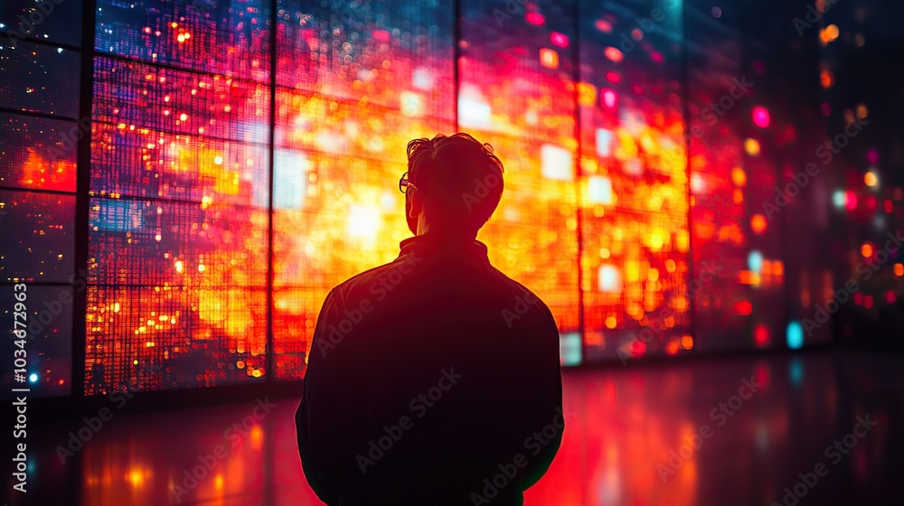 Poster silhouette of person facing multiple screens with abstract patterns and vibrant colors symbolizing c