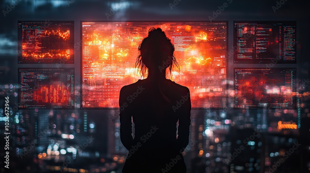 Poster silhouette of person facing multiple screens with abstract patterns and vibrant colors symbolizing c
