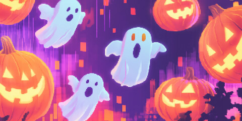 Fototapeta premium Unique weird haunting host with jack o lantern, in semi pixel art style, Halloween art