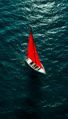 Fototapeta premium Sailing boat in the sea. View from above on a yacht.
