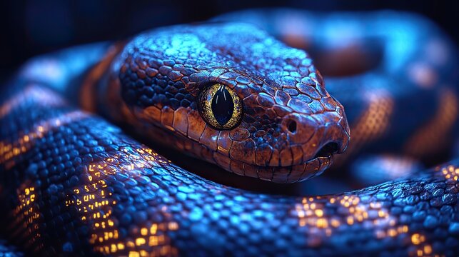 snake intertwined with binary code symbolizing python automation in programming.stock image