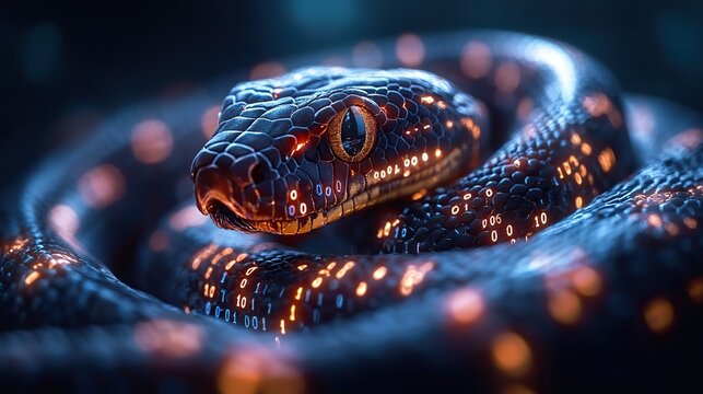 snake intertwined with binary code symbolizing python automation in programming.illustration